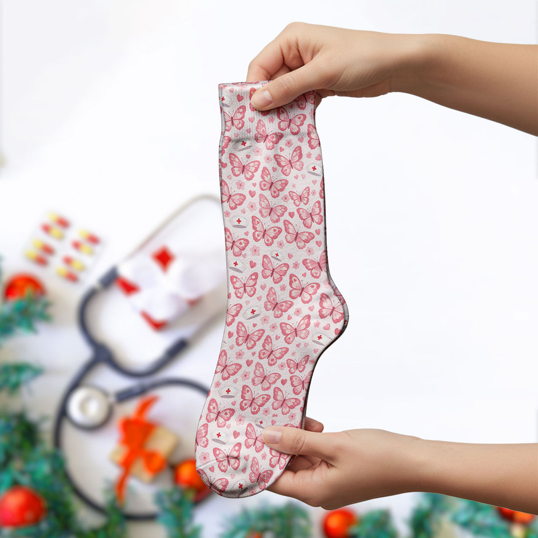 Valentine Butterfly Pattern Nurse Scrub Socks, Pink Heart Medical Sock For Women, Breathable Fabrics Nursing Uniform