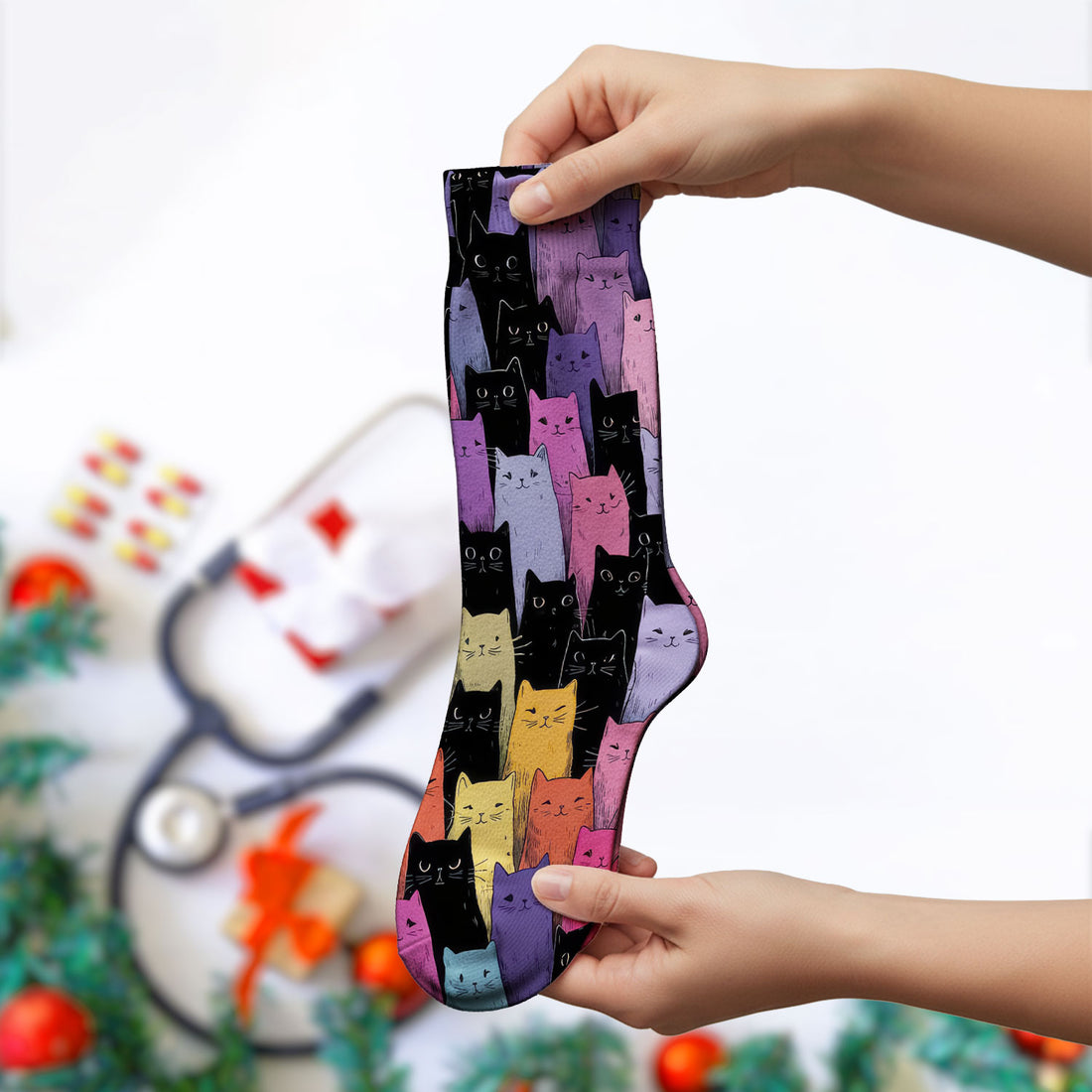 Colorful Cat Art Medical Pattern Socks, Adult Socks for Men and Women