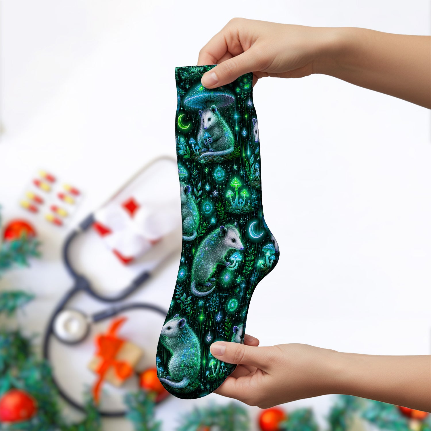 Moonlit Opossum Mushroom Pattern Socks, Adult Socks for Men and Women