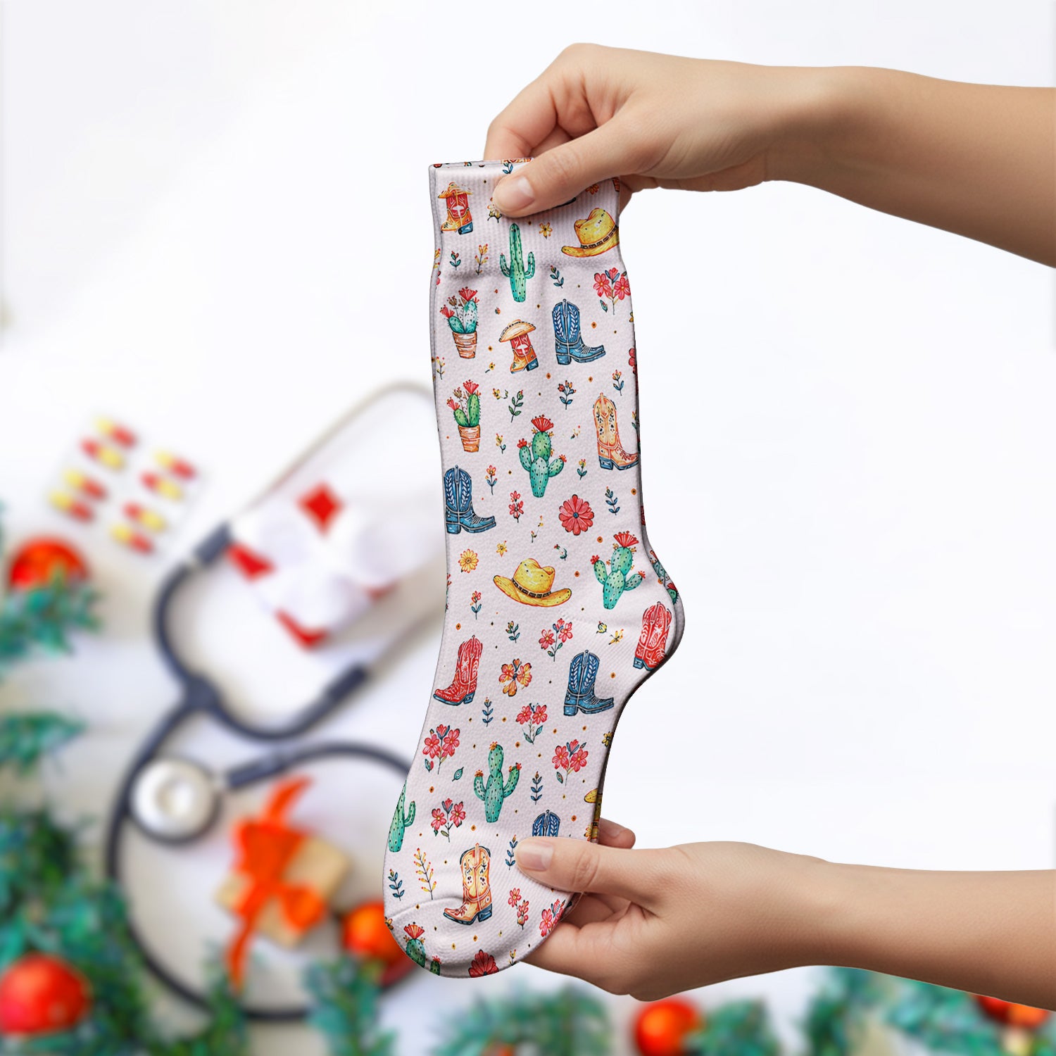 Whimsical Western Cactus Boots Pattern Socks, Breathable Fabrics Medical Uniform