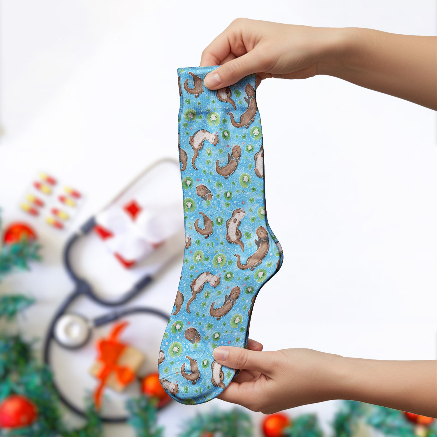 Cute Otter Lily Pond Nurse Print Socks, Adult Socks for Men and Women