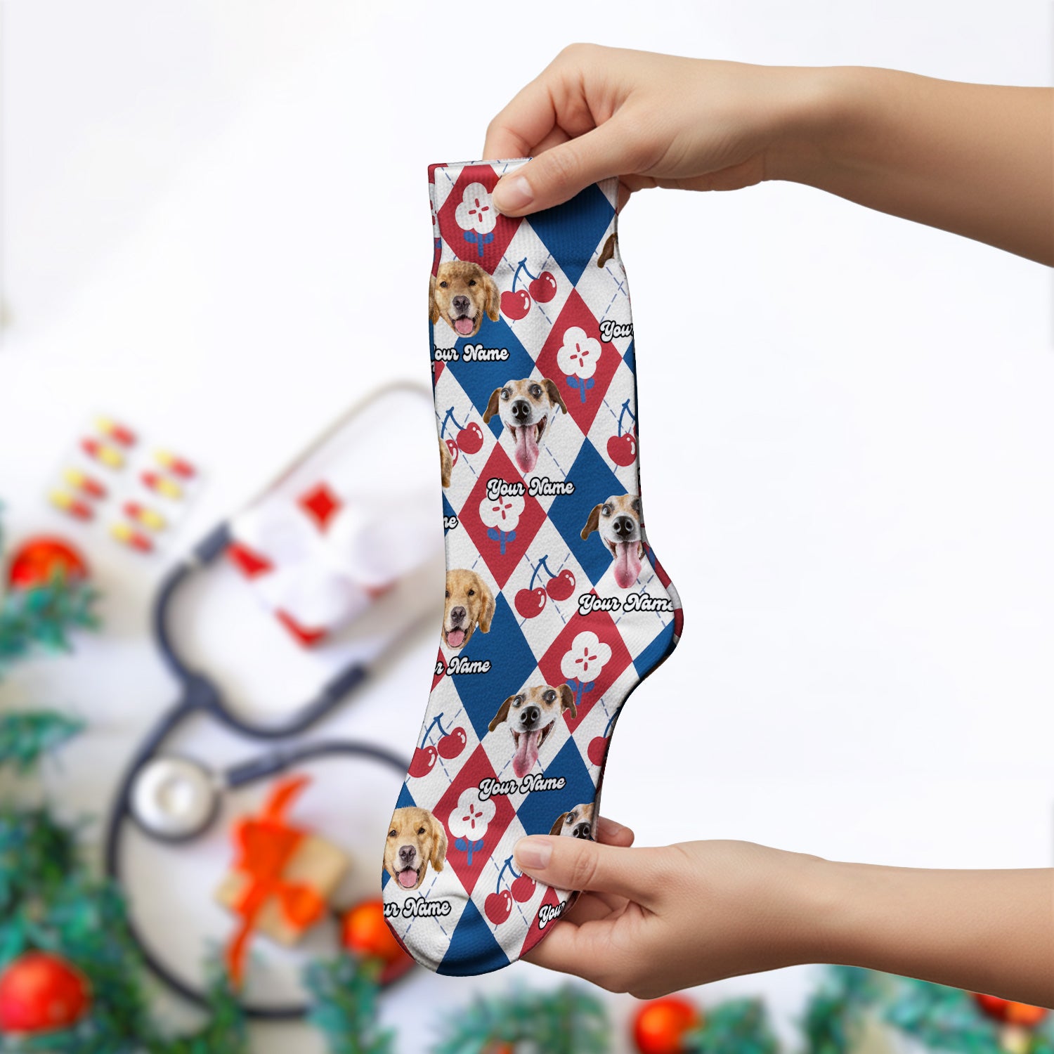 Custom Dog Face Sock, Playful Dog Cherry Argyle Pattern, Breathable Fabrics Medical Uniform