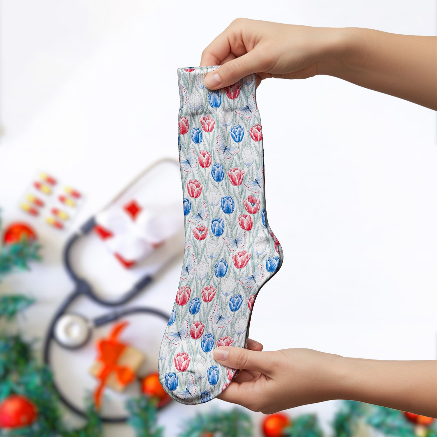 Patriotic Tulip Butterfly Nurse for RN, CNA, Healthcare Workers Socks, Adult Socks for Men and Women