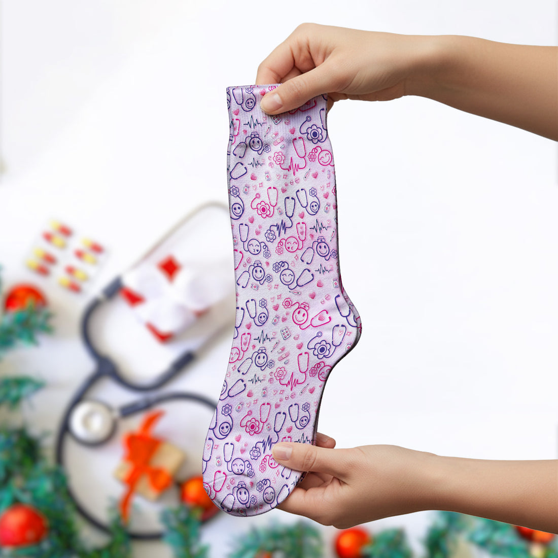 Stethoscope Heart Cute Icon Print Socks, Socks for Nurse Doctor