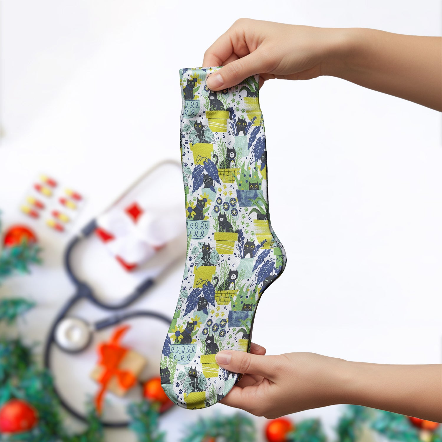 Black Cat Planter Garden Pattern Socks, Adult Socks for Men and Women