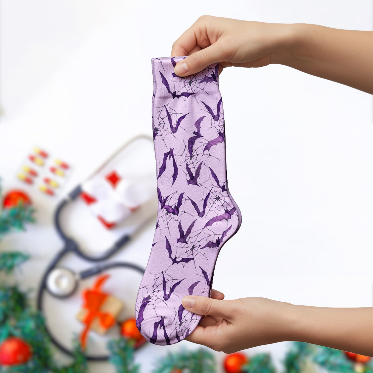 Halloween Bat with Spider Web Socks, Adult Socks for Men and Women
