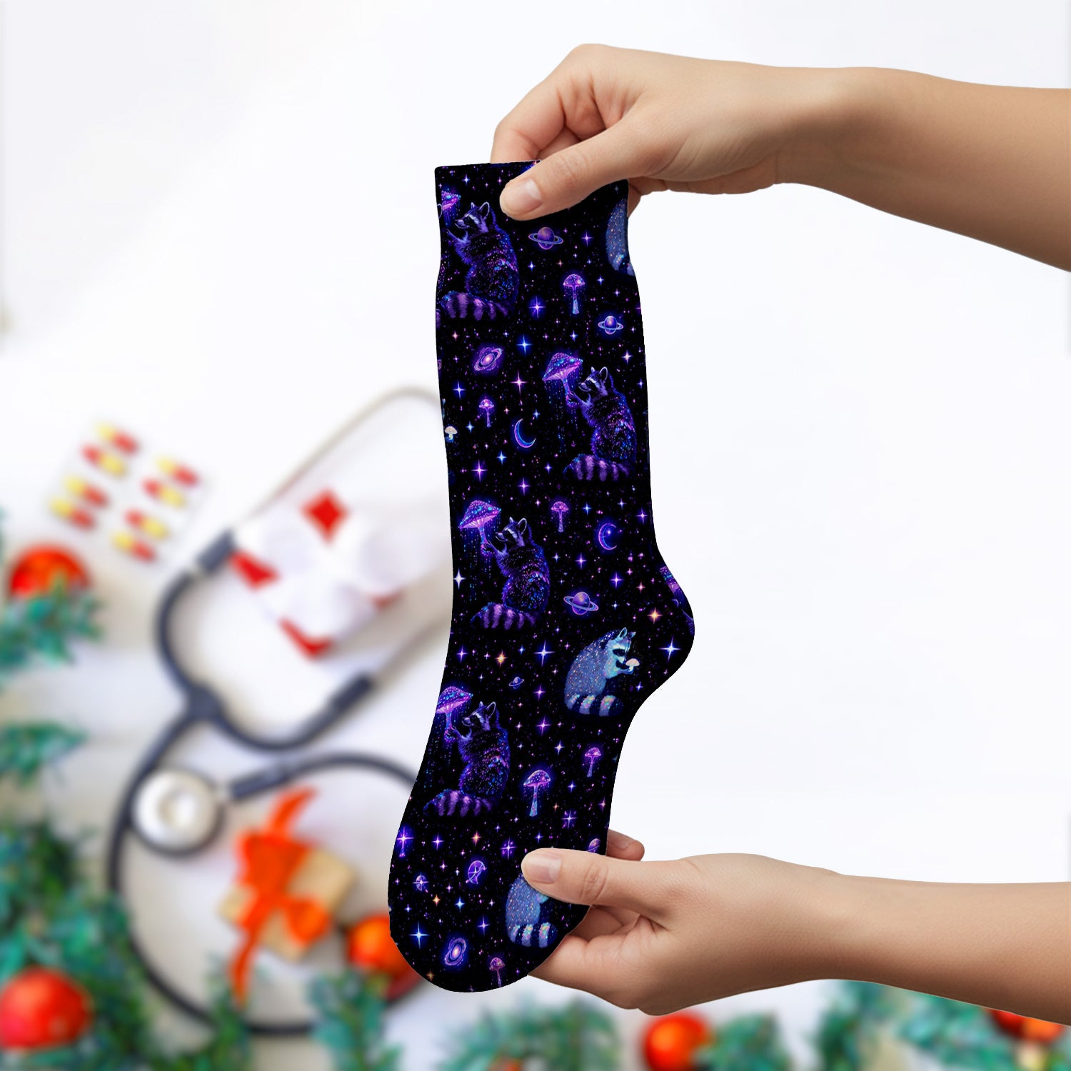 Cute Raccoon Mushroom Galaxy Pattern Socks, Adult Socks for Men and Women