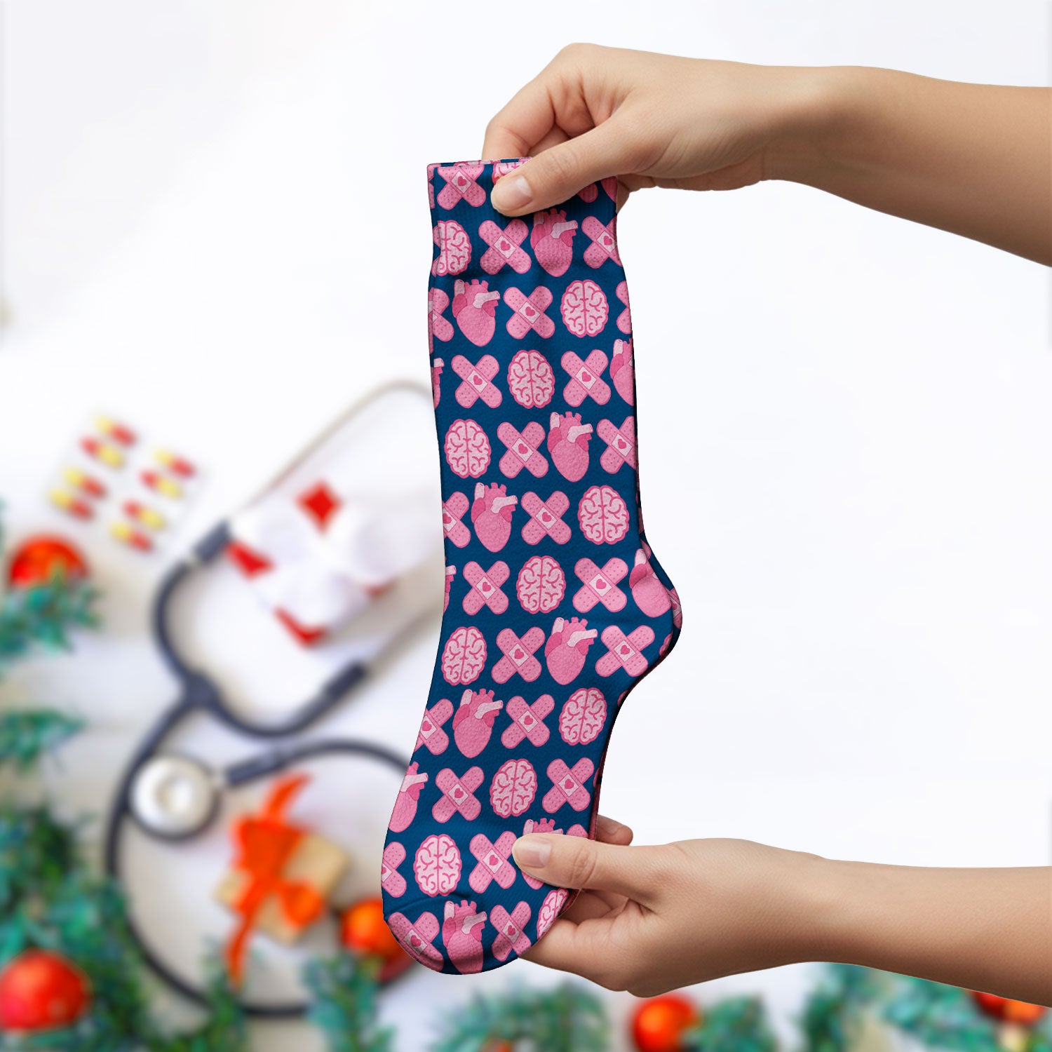 Heart & Brain Medical Icon Pattern Socks, Socks for Nurse Doctor