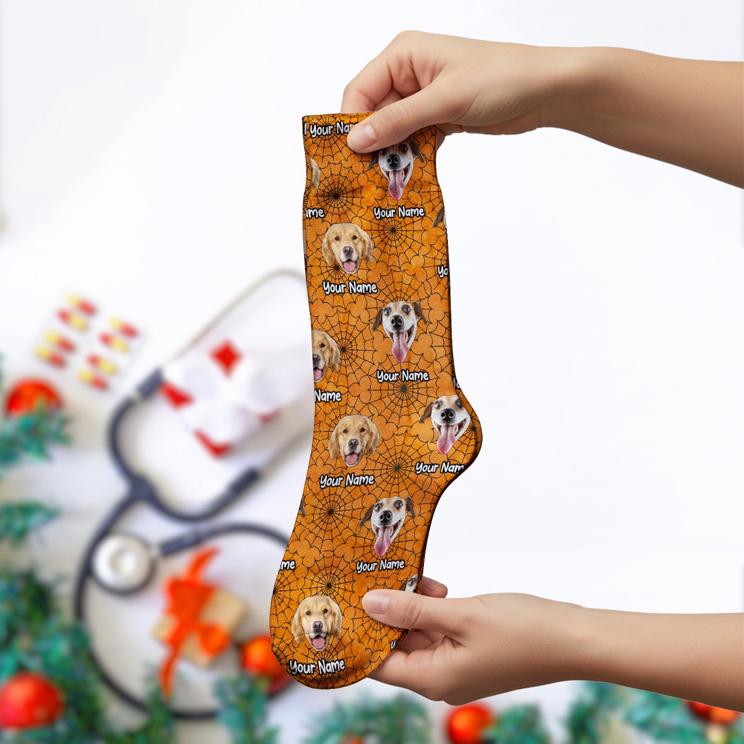 Personalized Halloween Dog Photo Spiderweb Socks, Adult Socks for Men and Women
