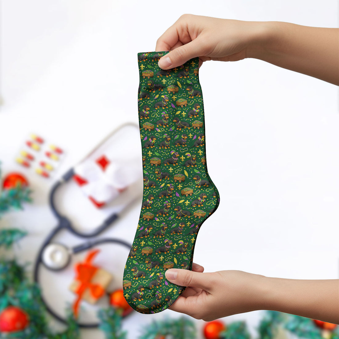 Funny Mardi Gras Dachshund Scrub Socks, Festival Wiener Dog Pattern Nurse Sock, Breathable Fabrics Nursing Uniform