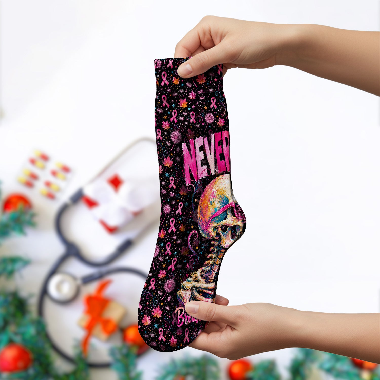 Meaningful Breast Cancer Awareness Skeleton Socks, Adult Socks for Men and Women