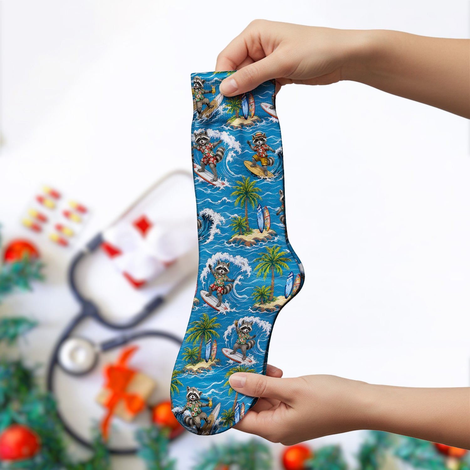 Tropical Surfing Raccoon Island Pattern Socks, Adult Socks for Men and Women