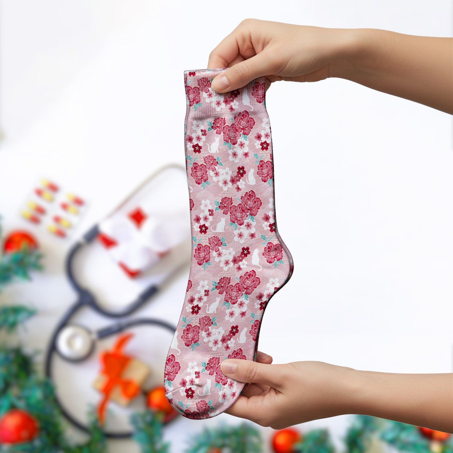 Floral White Cat Nurse Socks, Adult Socks for Men and Women