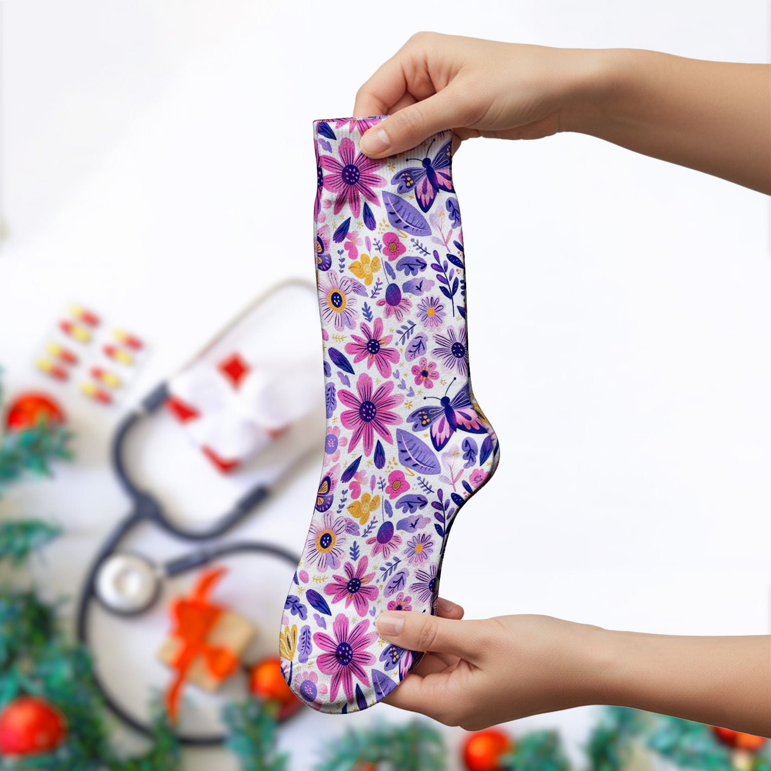 Cute Butterfly Wildflower Garden Pattern Socks, Adult Socks for Men and Women
