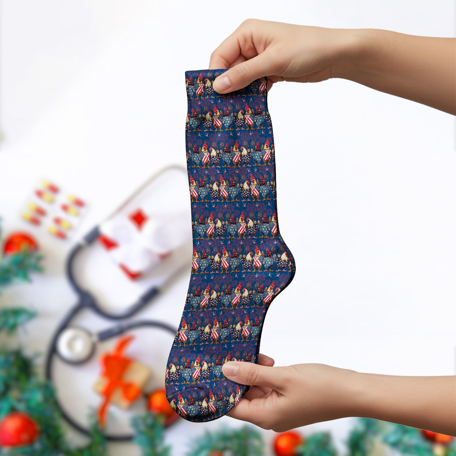 Patriotic Rooster Fireworks Pattern Socks, Breathable Fabrics Medical Uniform