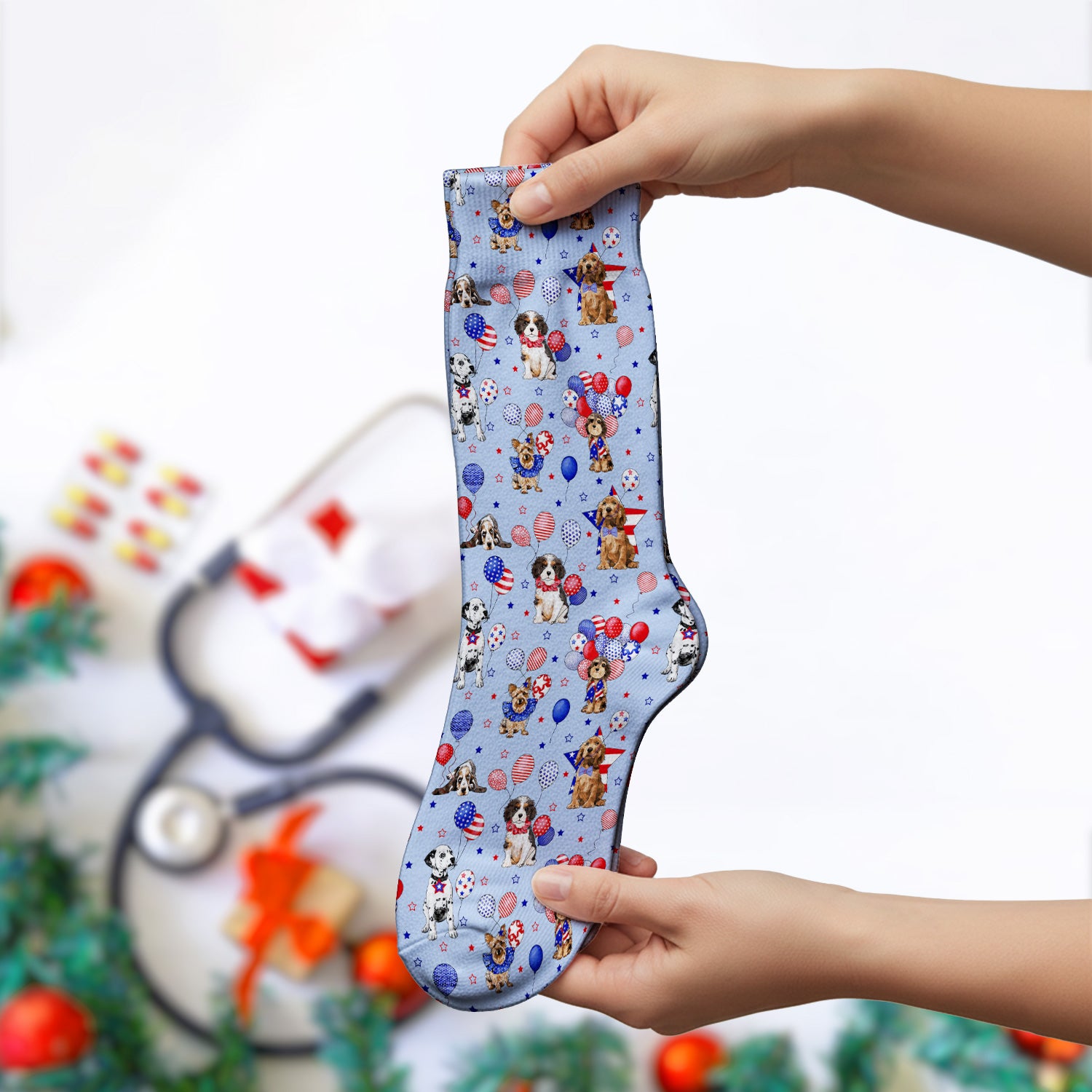 Patriotic Dogs With USA Flag Balloons Pattern Socks, Breathable Fabrics Medical Uniform