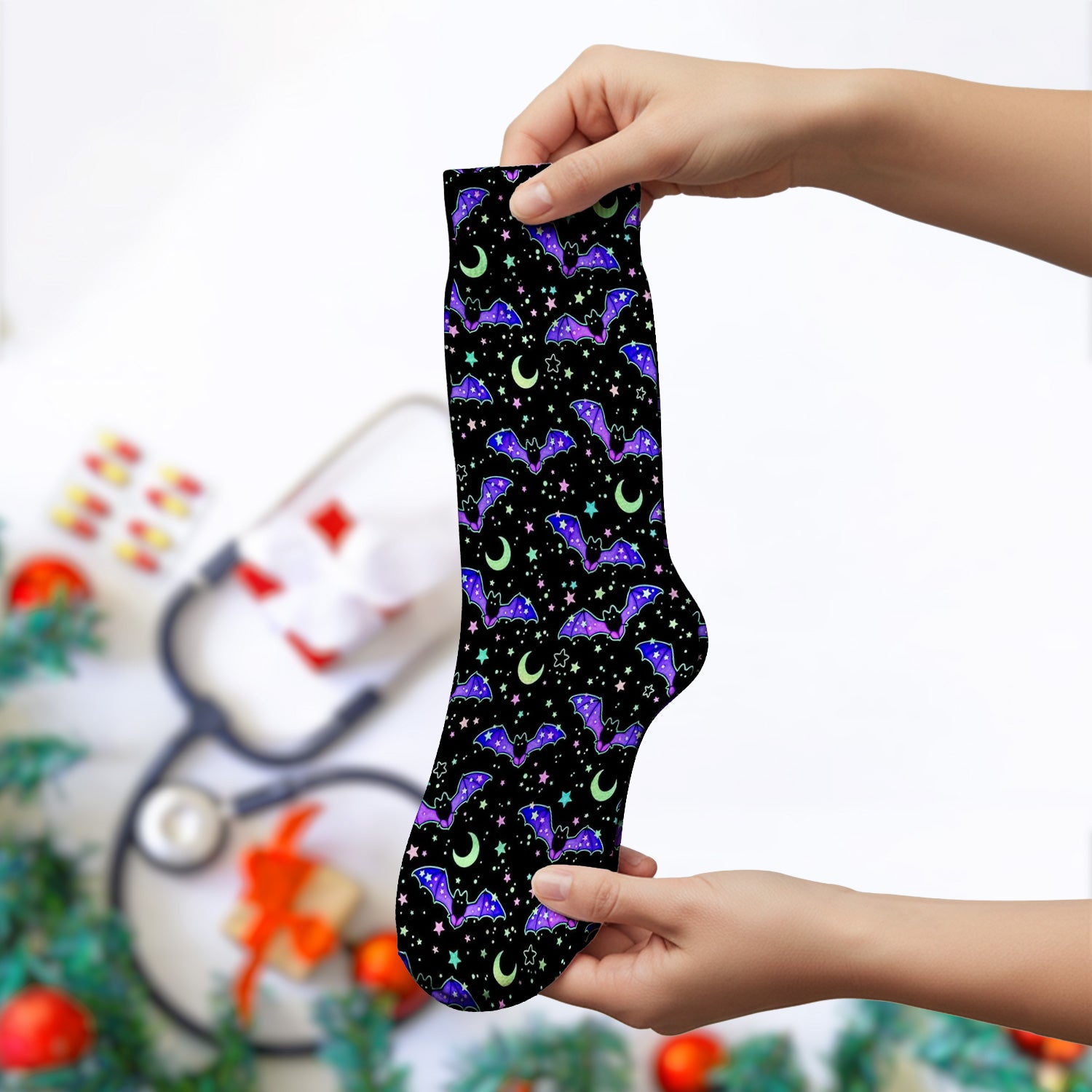 Spooky Halloween Celestial Bat Socks, Adult Socks for Men and Women
