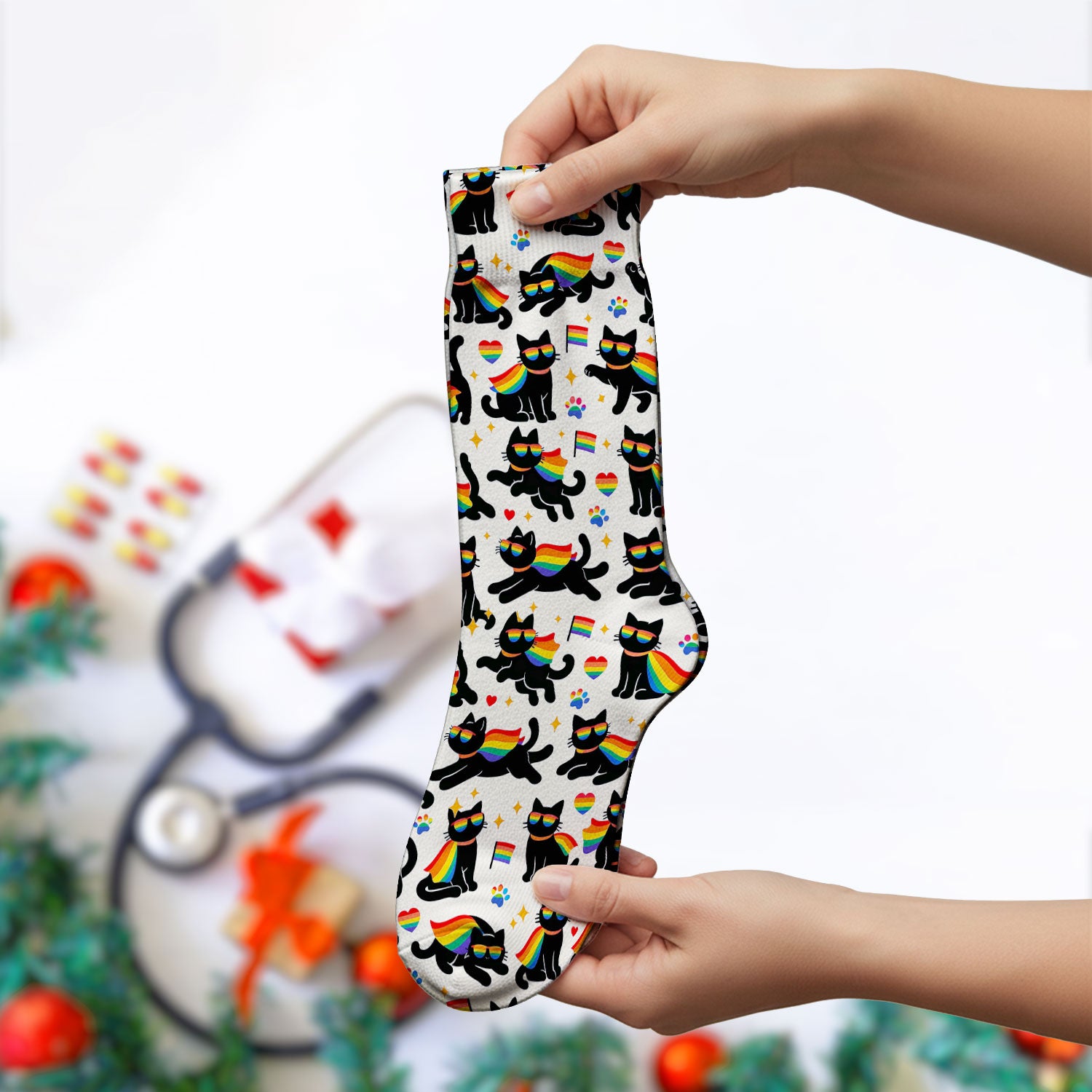 Rainbow Black Cat Pride Pattern Socks, Breathable Fabrics Medical Uniform