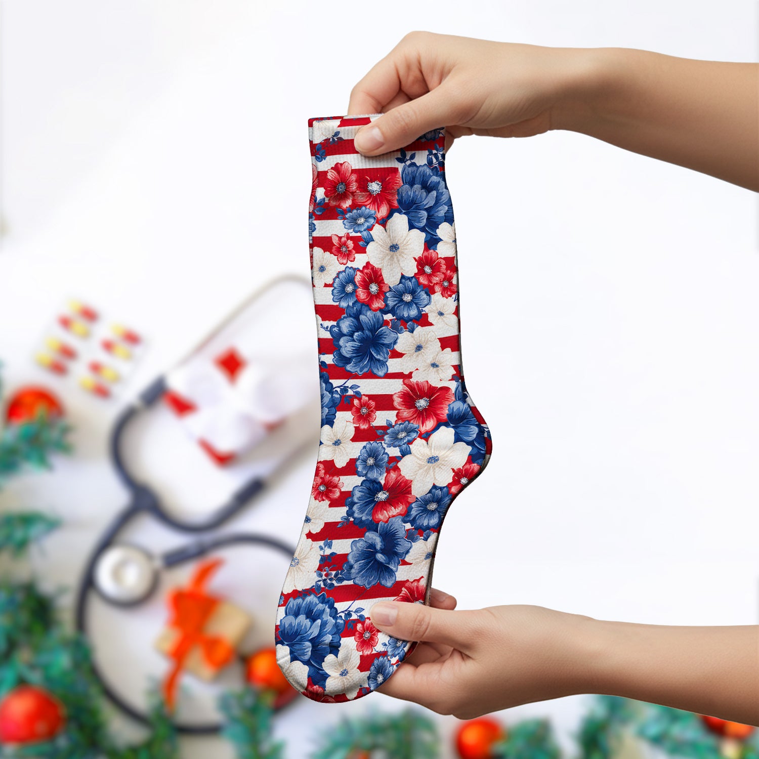 Patriotic Floral Nurse for RN & CNA, American Flag Healthcare Workers Medical Uniform Socks, Adult Socks for Men and Women
