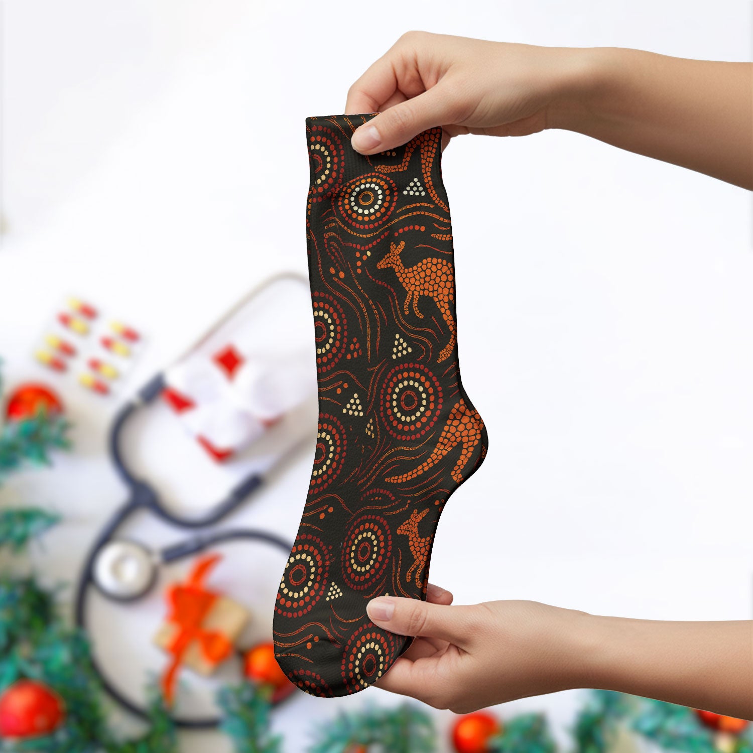 Australian Indigenous Medical Pattern Socks, Aboriginal Dot Art Kangaroo Nurse Scrub Sock,  Breathable Fabrics Nursing Uniform