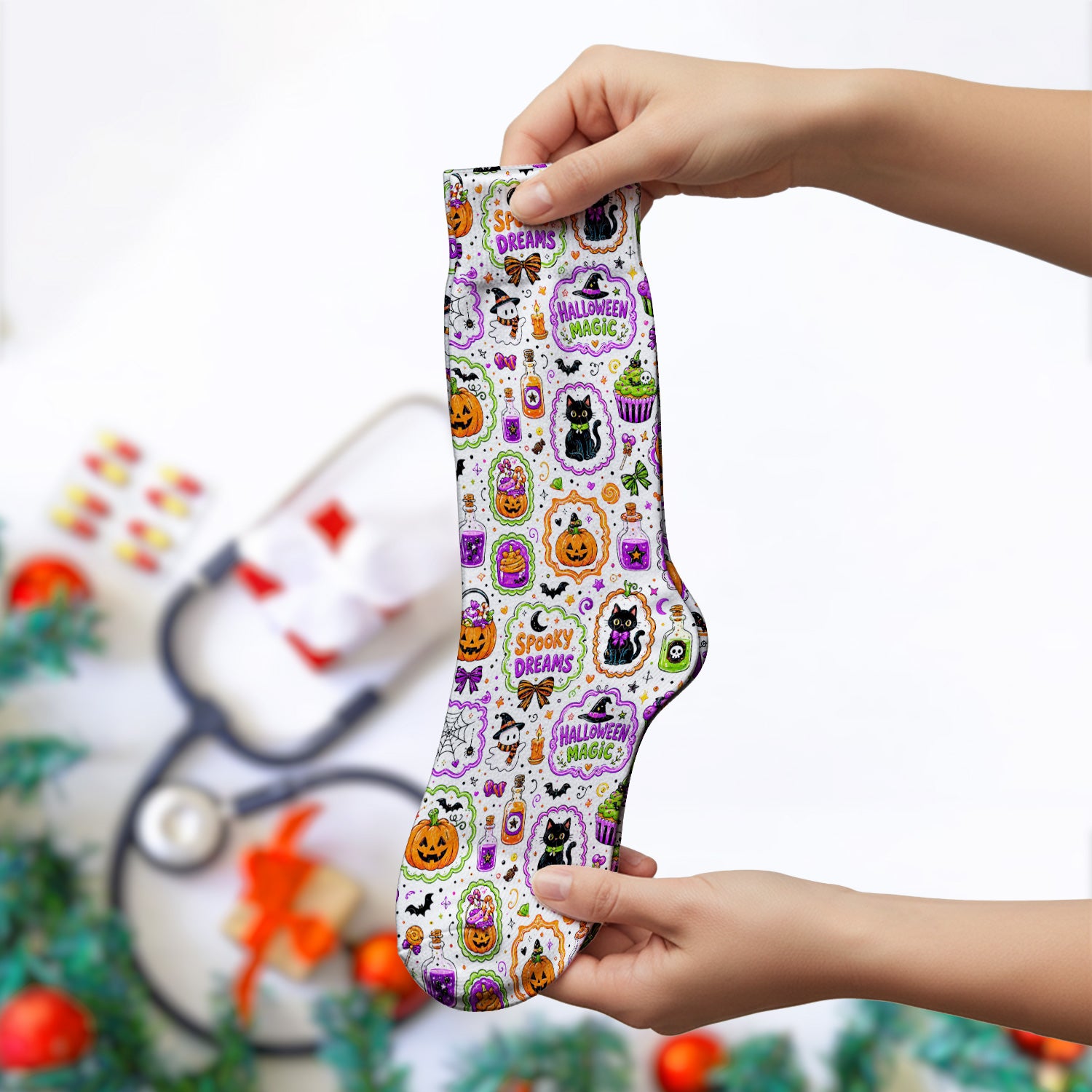 Witchy Halloween Magic And Pumpkins Socks, Adult Socks for Men and Women
