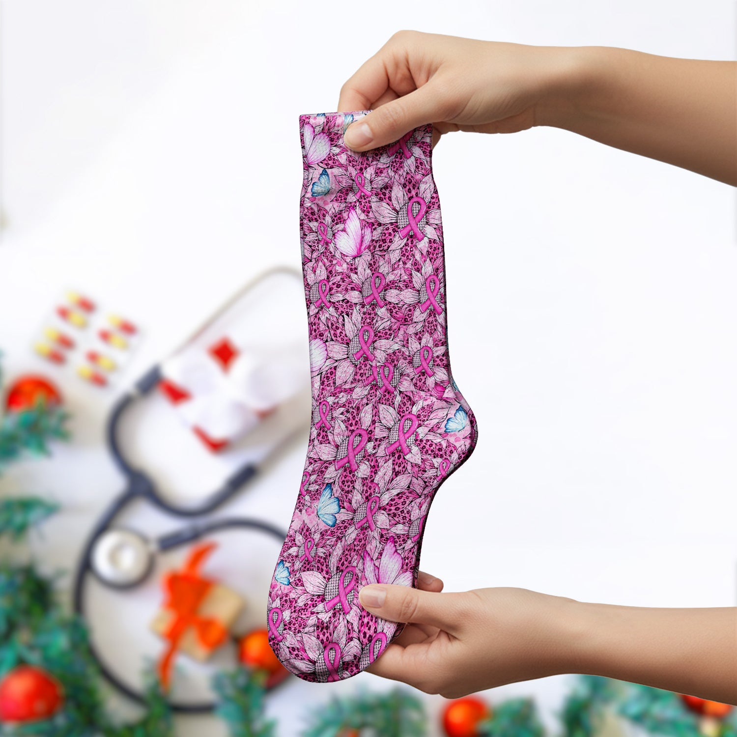 Pink Ribbon Butterfly Breast Cancer Socks, Adult Socks for Men and Women