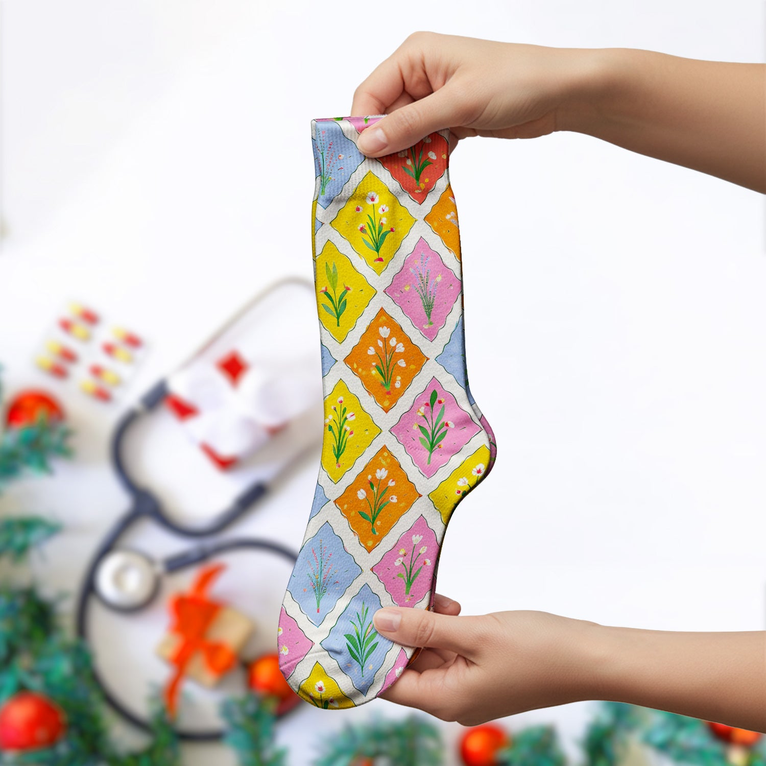 Cute Colorful Floral Tile Pattern Socks, Socks for Nurse Doctor