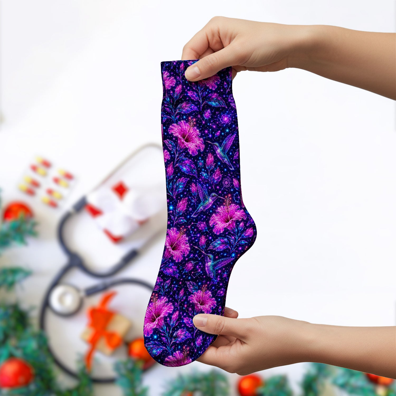 Galaxy Floral Hummingbird Nurse Pattern Socks, Adult Socks for Men and Women
