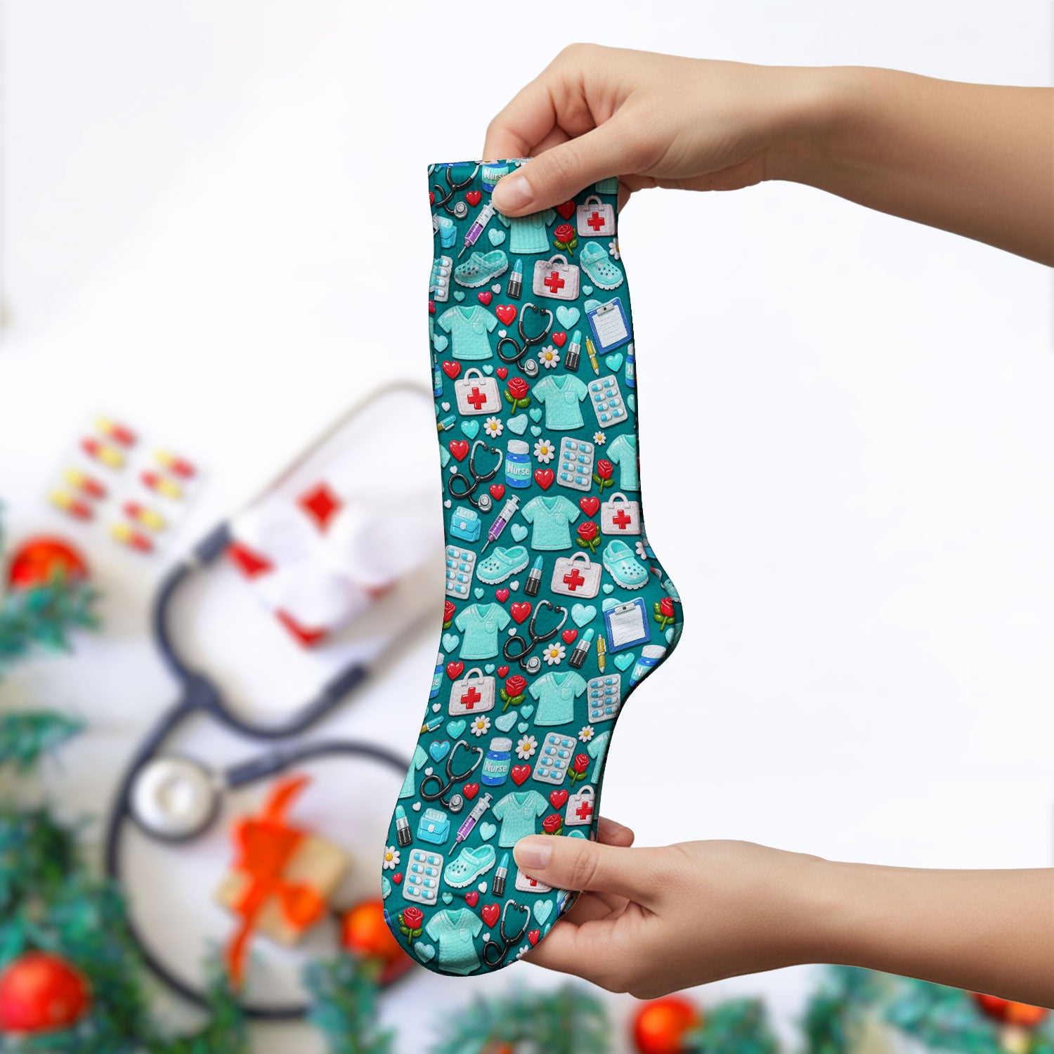Medical Icons Scrub Socks, Cute Pattern Nurse Sock, Breathable Fabrics Nursing Uniform