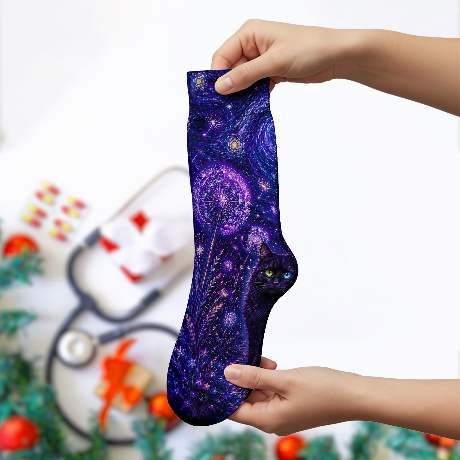 Mystical Black Cat Starry Night Print Socks, Adult Socks for Men and Women