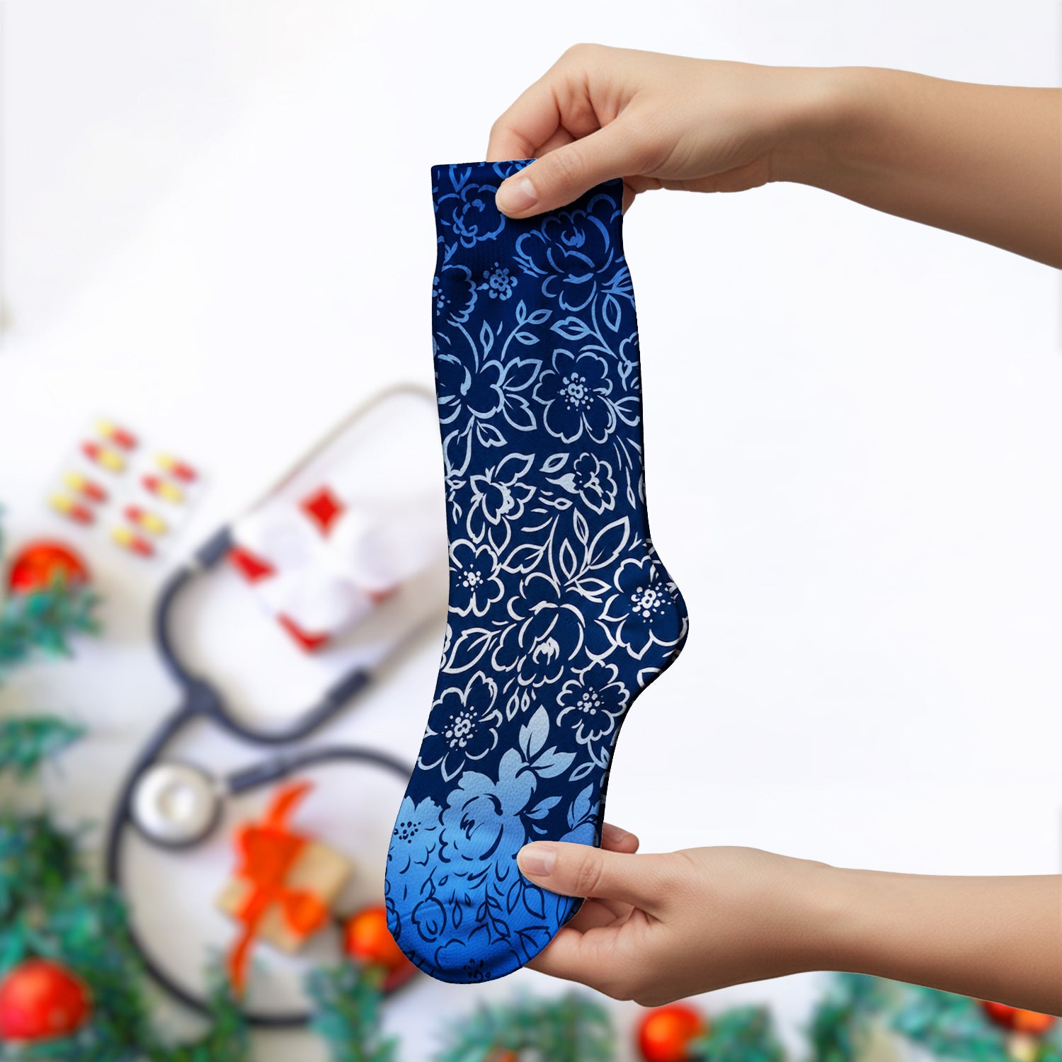 Navy Botanical Flower Print Socks, Adult Socks for Men and Women