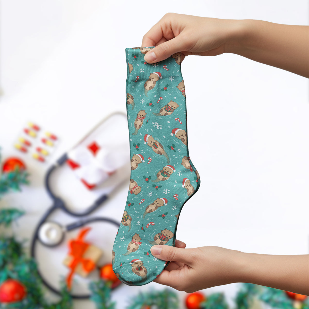 Christmas Sea Otters And Gifts Socks, Adult Socks for Men and Women