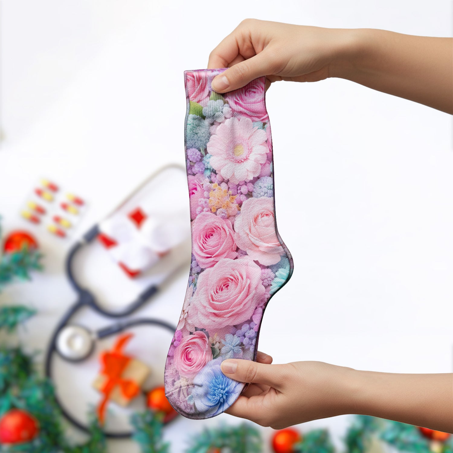 Pastel Floral Socks, Pink Rose Cute Candy Color Medical Socks for Men and Women