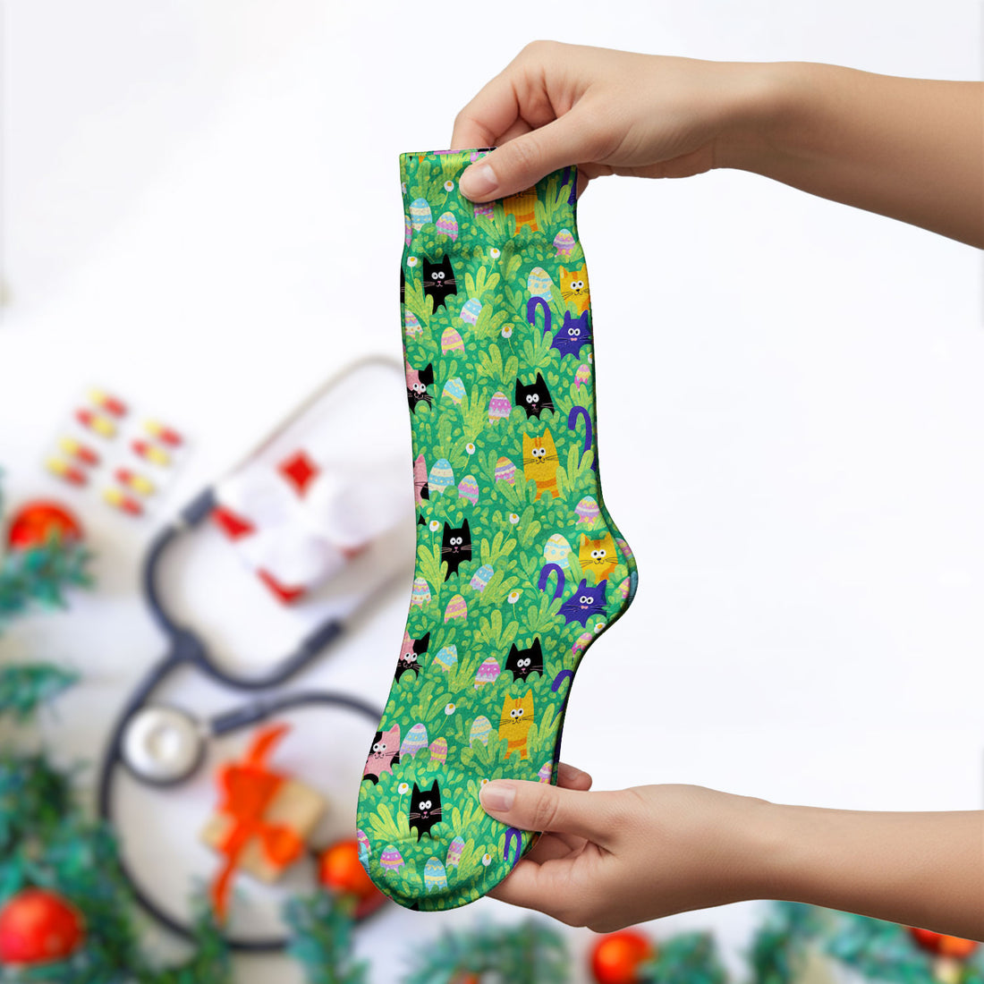 Colorful Easter Cats Green Leaves Print Socks, Breathable Fabrics Medical Uniform