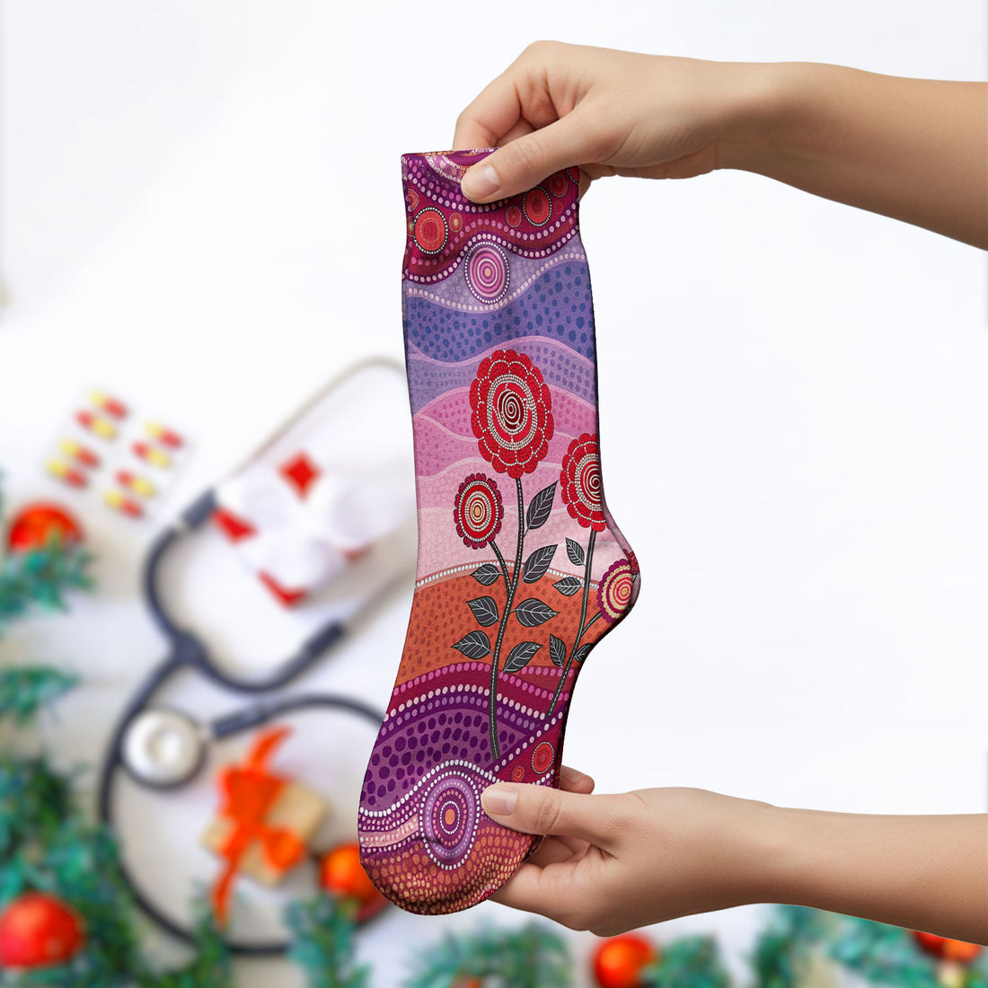 Boho Dot Art Valentine Scrub Socks, Artistic Heart Pattern Nurse Sock, Comfortable Scrubs For Nursing