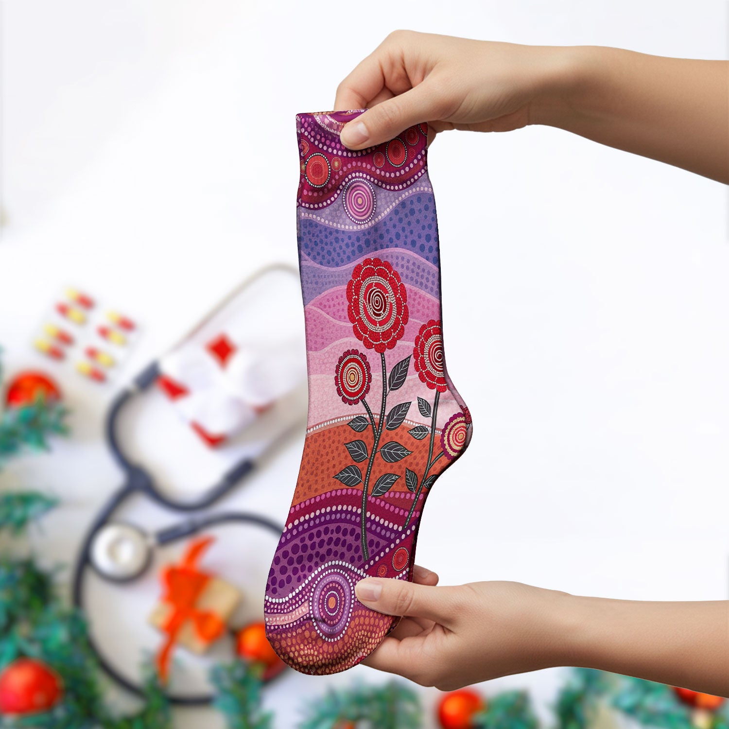 Boho Dot Art Valentine Scrub Socks, Artistic Heart Pattern Nurse Sock, Comfortable Scrubs For Nursing