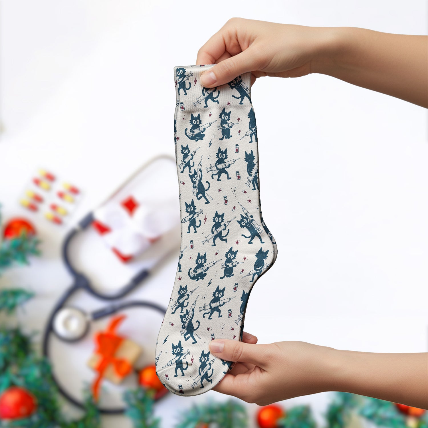 Funny Black Cats With Syringes Socks, Adult Socks for Men and Women