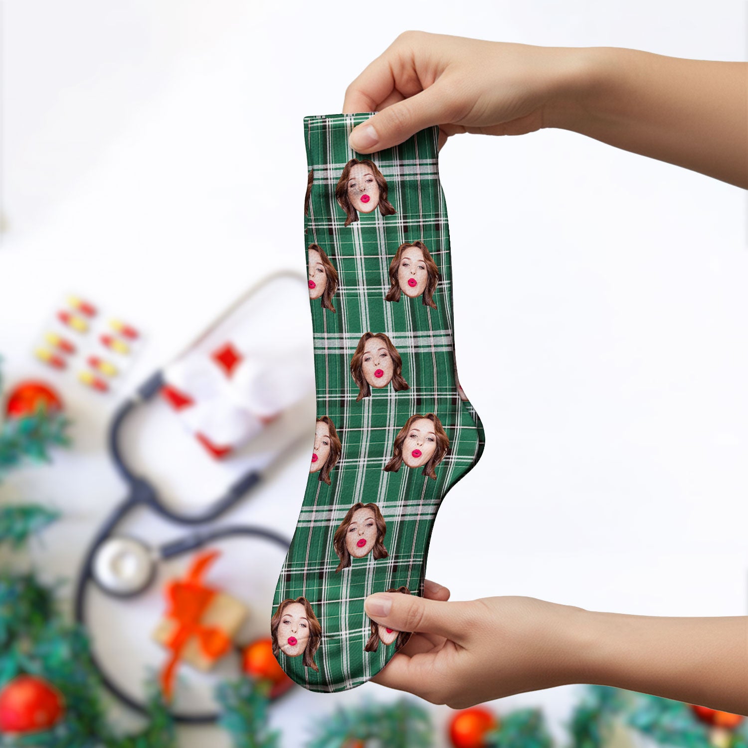 Personalized Funny Face Plaid Medical Socks, Custom Photo Pattern Socks For Nurse Doctor, Breathable Fabrics Medical Uniform