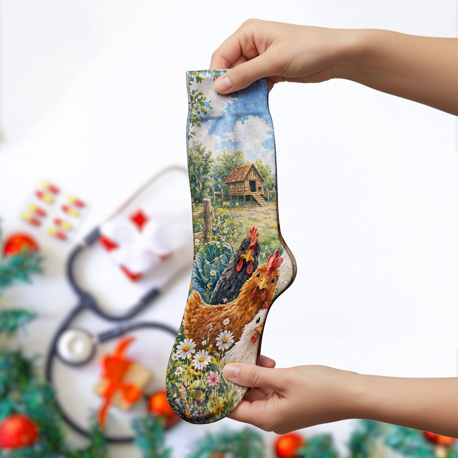 Rustic Chicken Family Farm Garden Pattern Nurse Socks, Adult Socks for Men and Women