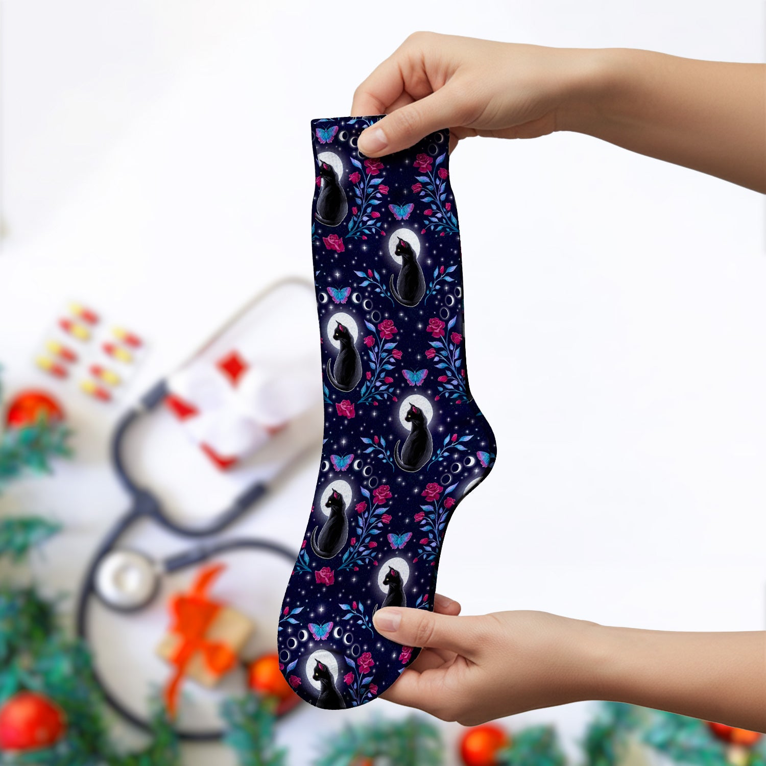 Black Cat Moon Rose Print Socks, Adult Socks for Men and Women