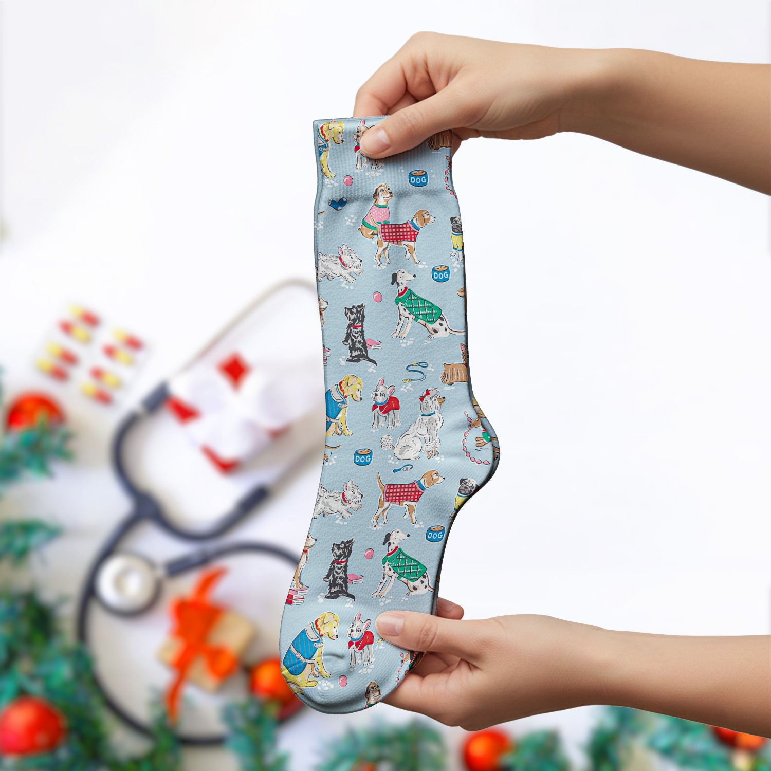 Cute Dog Wearing Sweater Playing Ball Pattern Nurse Socks, Socks for Nurse Doctor