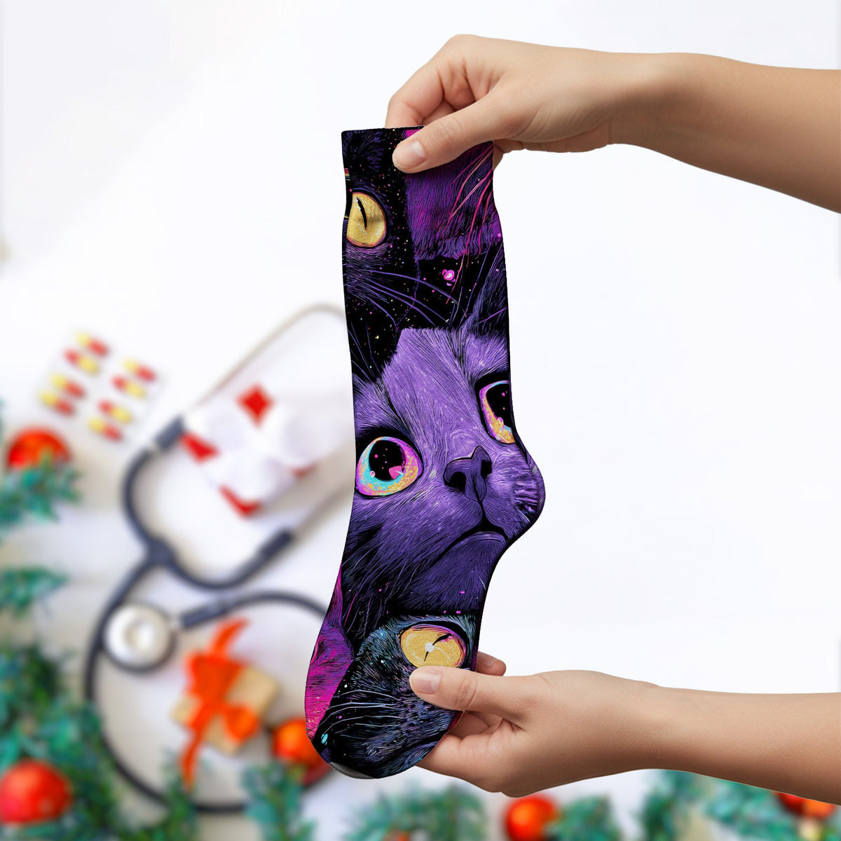 Colorful Neon Cat Faces Socks, Adult Socks for Men and Women