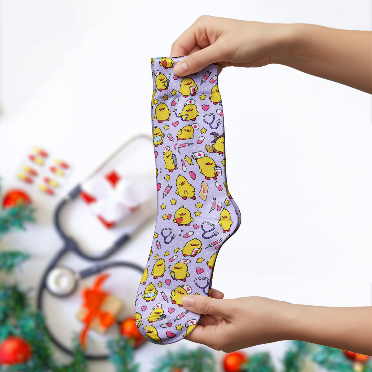 Cute Nurse Chicks And Medical Icons Socks, Adult Socks for Men and Women