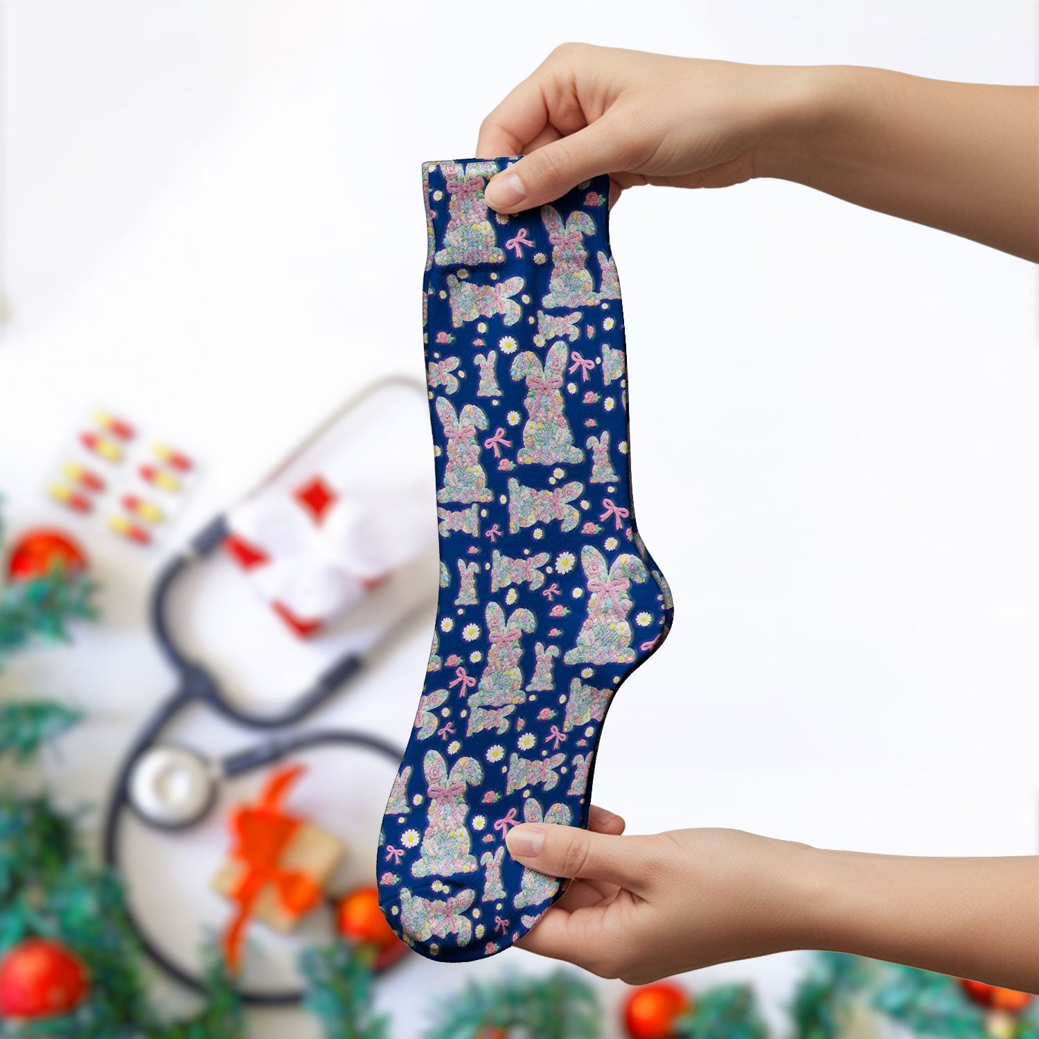 Colorful Floral Bunny with Pink Bow Pattern Socks, Breathable Fabrics Medical Uniform