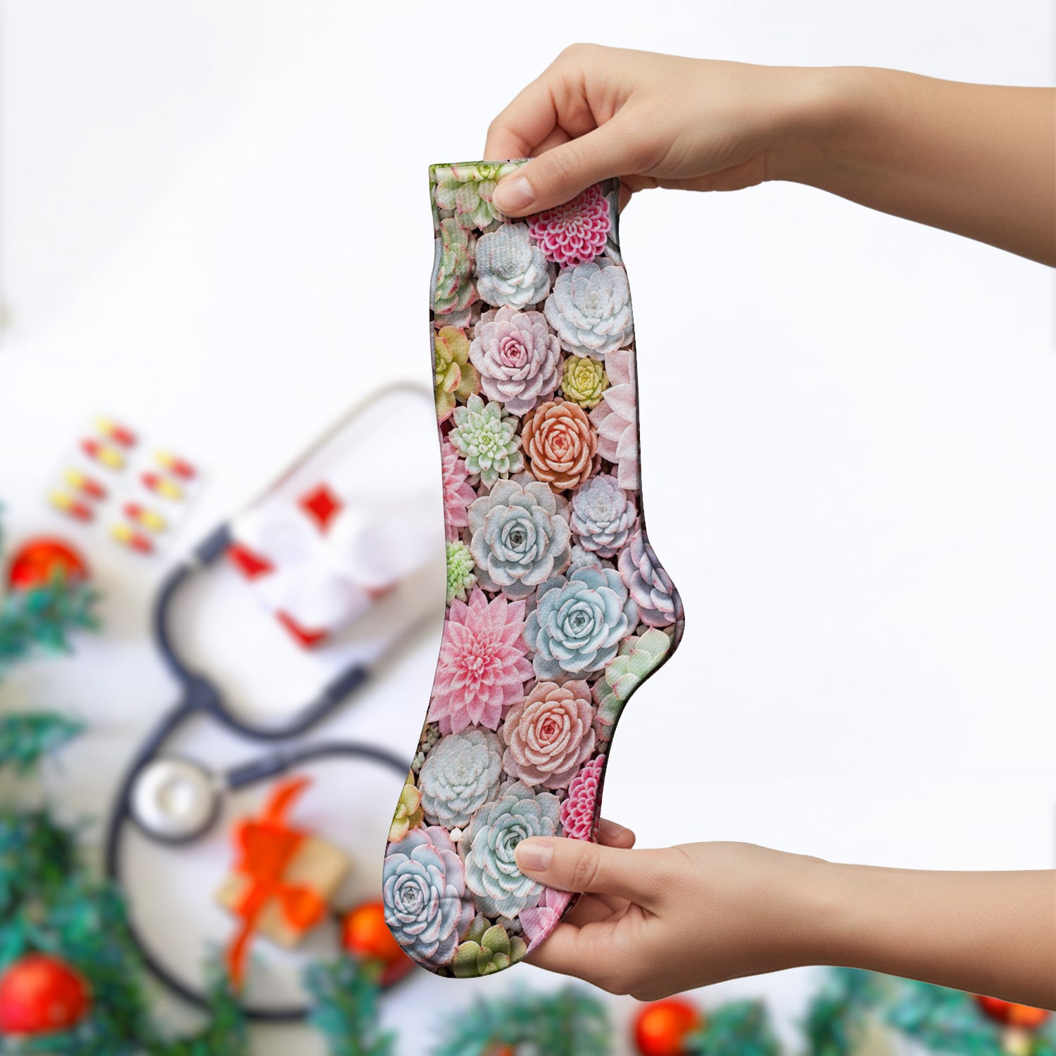 Cute Pastel Succulent Blossom Pattern Socks, Adult Socks for Men and Women
