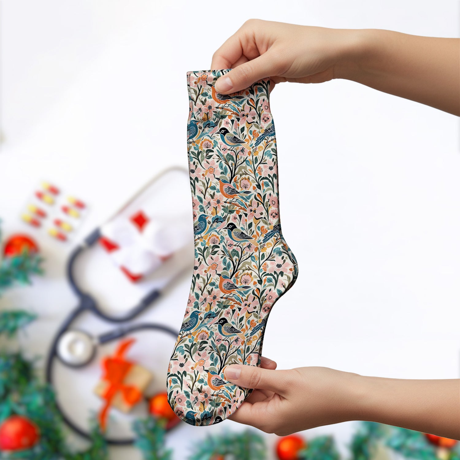 Folk Art Songbird Floral Pattern Socks, Adult Socks for Men and Women