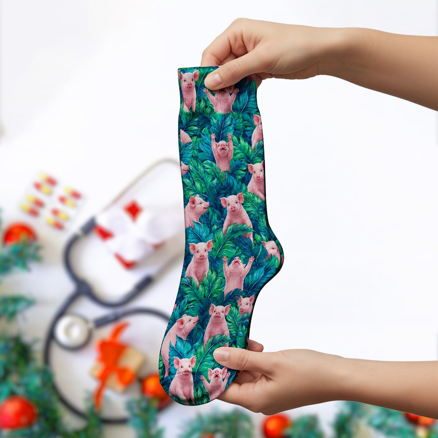 Cute Piglet Jungle Leaves Pattern Socks, Adult Socks for Men and Women