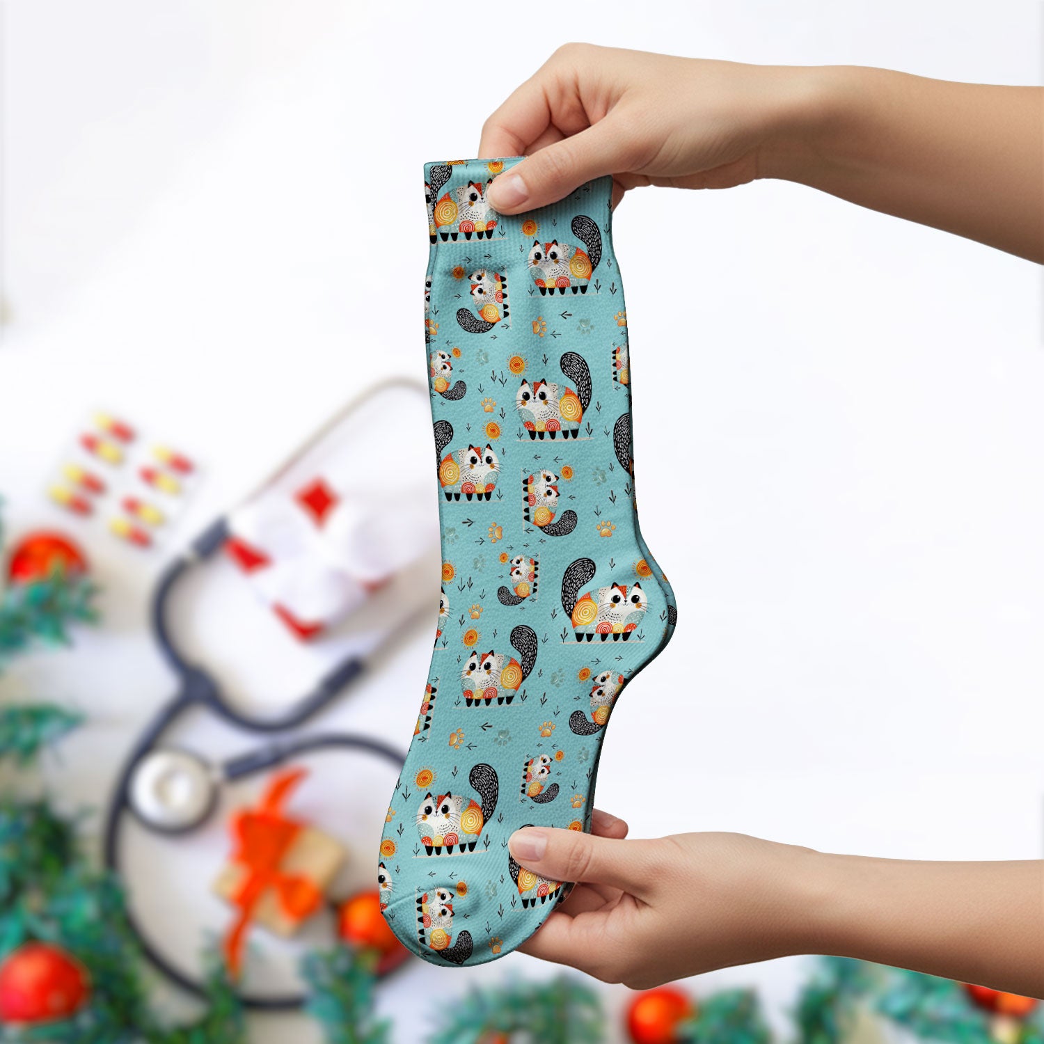 Playful Cat Illustration Medical Socks, Socks for Nurse Doctor