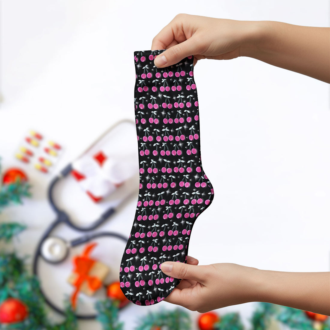 Pink Cherry Sparkle Print Socks, Adult Socks for Men and Women