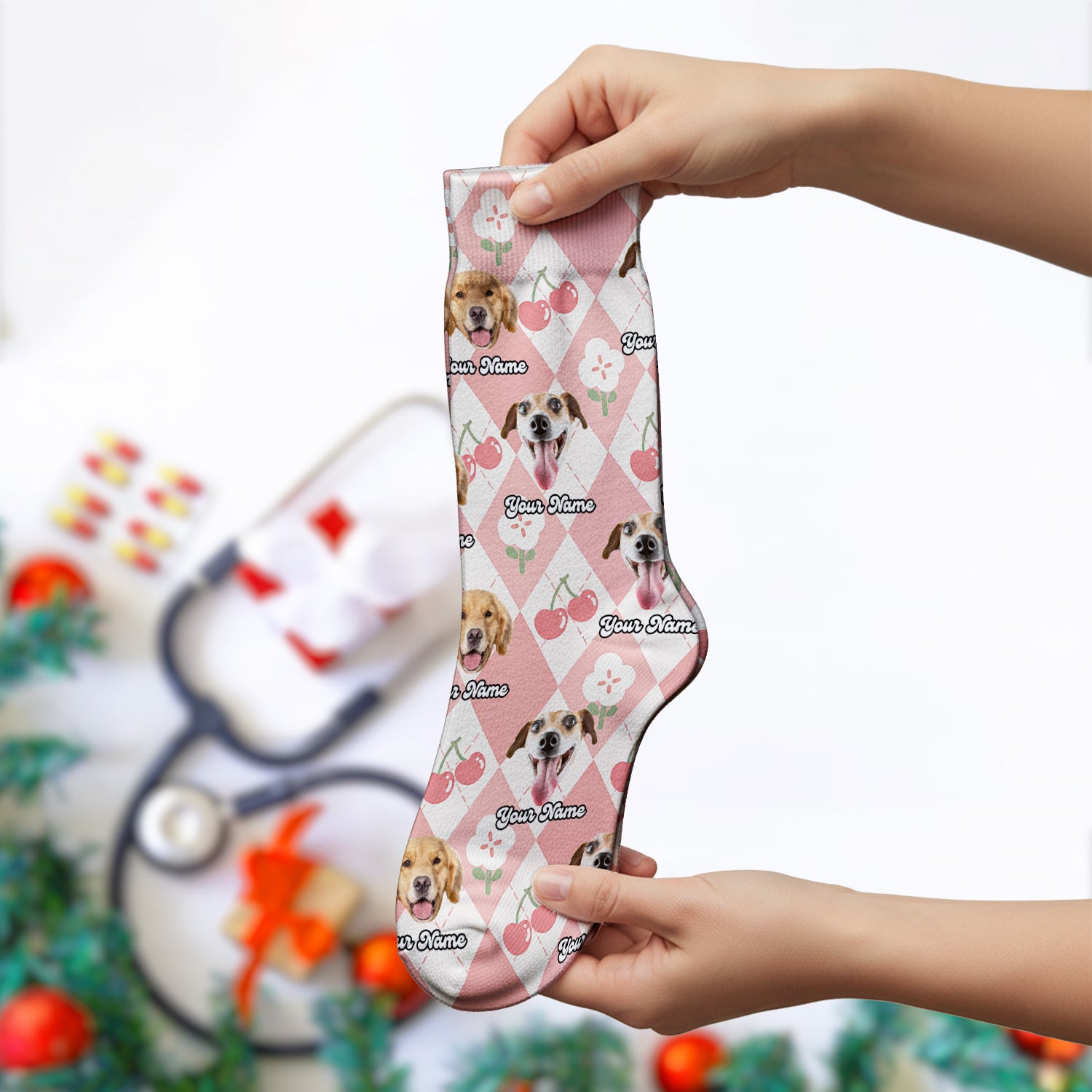 Custom Dog Face Sock, Playful Dog Cherry Argyle Pattern, Breathable Fabrics Medical Uniform